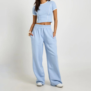 Ensemble 2 pièces bleu clair pour femme : Crop top à manches courtes et pantalon large décontracté, coupe ample, idéal printemps-été, tenue de sport pour femme - Product Image 1