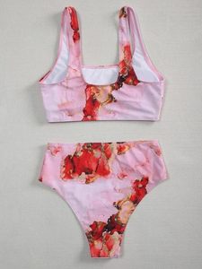 Conjunto de bikini con estampado floral para mujer, top tipo bandeau, parte inferior de cintura alta, traje de baño elástico - Product Image 2