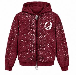 Sweat-shirt à capuche zippé bordeaux orné de perles, veste streetwear à manches longues avec poches avant - Product Image 1