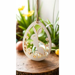 เครื่องประดับตกแต่งรูปกระต่ายไข่อีสเตอร์ไม้สไตล์เรียบง่าย ตัดด้วยเลเซอร์ ป้ายแขวนรูปกระต่ายไม้ สำหรับตกแต่งวันหยุดฤดูใบไม้ผลิ DIY ของตกแต่งบ้าน - Product Image 1