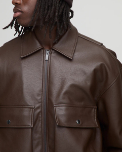 Veste universitaire pour homme, manches en cuir PU marron, logo brodé Champs, fermeture éclair, vêtement décontracté pour l'automne, veste universitaire - Product Image 3