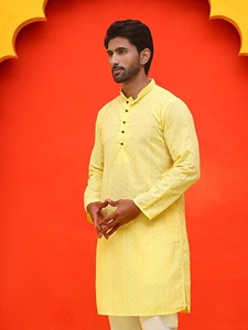 Kurta Amarilla de Algodón para Hombre con Bordado Geométrico, Cuello Alto, Manga Larga, Estilo Étnico, Uso Diario, Verano, Corte Regular - Product Image 1