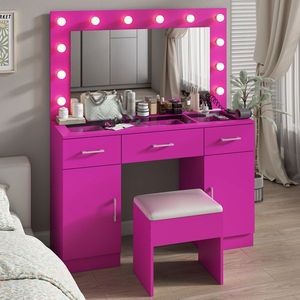 Large Lighted <b>Mirror</b> Makeup Vanity Desk Set with 3 Drawers and 2 Cabinets Glass <b>Top</b> Vanity <b>Table</b> - Product Image 2