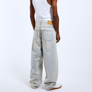 Jean en denim pour homme de haute qualité, délavé, coupe droite ample, taille mi-haute, avec broderie personnalisée et patch en cuir, grande taille - Product Image 3