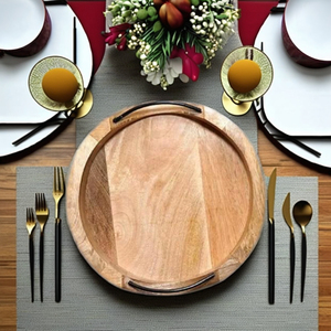 Plateau de service rond en bois moderne et durable fait à la main avec poignée en fer, compatible lave-vaisselle, pour cuisine, table à manger, plateau décoratif pour ottoman - Product Image 4