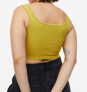 Women's Yellow Square Neck Ribbed Knit Crop Tank <b>Top</b> Casual Solid Color Sleeveless <b>Top</b> - Product Image 2