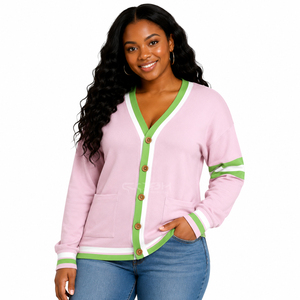 Cosh International Sisterhood Sorority - Cárdigan de Punto Acrílico Rosa y Verde en Contraste para Mujer, Manga Larga, Cuello en V, Estilo Casual - Product Image 3