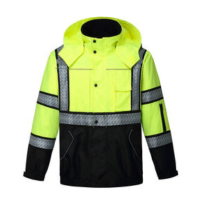 Men's Hi Vis Reflective Safety <b>Jacket</b> Waterproof Polyester Workwear Hooded Regular Fit with Pockets for Construction - Product Image 1