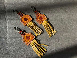 New Western Hand Tooled Leather Suede Fringe Keychains Premium High Quality Genuine Leather <b>Key</b> <b>Fob</b> Sunflower Cowgirl Keychains - Product Image 4