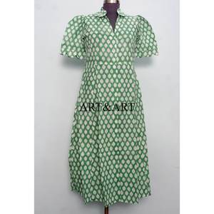 Vestido Midi Estampado a Mano para Boda India, 100% Algodón, Clásico, Casual, Manga Corta, Corte en A, para Verano - Product Image 3