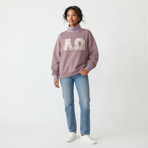 Sweat-shirt oversize pour femme à col montant avec applique florale et lettre AO, en coton tricoté violet, pour un look décontracté d'automne - Product Image 1