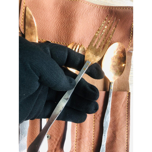 Ensemble de couverts en cuivre forgé à la main avec étui en cuir, 4 pièces, ustensiles de camping, cuillère, fourchette, couteau, ensemble de repas rustique pour l'extérieur - Product Image 3