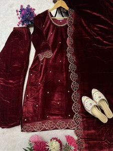 Designer Heavy Viscose Velvet 3PCS Ethnic Set with Rich Rhinestone & <b>Sequin</b> Work – Exclusive Bridal <b>Party</b> Collection - Product Image 3