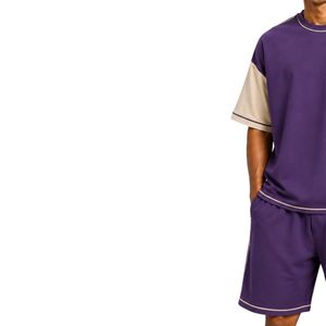 Royal Purple Mens Oversized T Shirt And Shorts <b>Set</b> Beige Contrast Sleeves Custom Logo Crew Neck Casual Streetwear Wholesale - Product Image 3