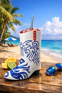 Boot-Shaped <b>Plastic</b> Reusable <b>Drinking</b> <b>Cup</b> 350ml Modern Cocktail <b>Cup</b> with White and Blue Pattern - Product Image 5