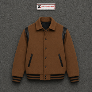 Chaqueta Bomber Varsity Marrón de Alta Calidad para Hombre, Prenda Exterior de Lujo con Detalles en Cuero, Cuello Camisero, Estilo Casual Urbano para Otoño - Product Image 5