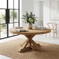 Table à manger moderne rustique en teck massif recyclé avec piétement croisé, pour la maison, la salle à manger, le bureau ou l'hôtel