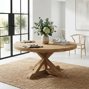 <b>Solid</b> <b>Wood</b> Round Dining Table Modern Rustic Pedestal Cross Base Natural Teak Style Wooden Table Home Dining Room Furniture <b>Desk</b> - Product Image 2