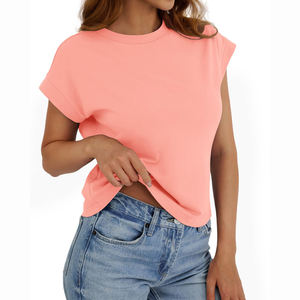 Women's <b>Coral</b> Crew Neck Short Sleeve T-Shirt Loose Fit Casual Knitted <b>Top</b> Solid Color Spring Summer Wear - Product Image 2