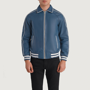 <b>Men</b> Horn Button Stand Collar Breathable Casual Cooper Blue Leather Varsity <b>Jacket</b> New Winter Collection Private Logo Front/Back - Product Image 5