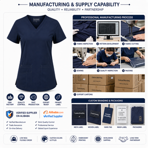 Haut de blouse médicale en tricot bleu marine pour femme, col en V, manches courtes, uniforme médical, tenue de travail hospitalière, personnalisable, service OEM marque privée - Product Image 6