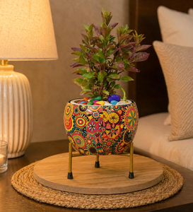 Maceta de Latón Hecha a Mano con Técnica Meenakari, Maceta Decorativa Tradicional India de Metal para Plantas de Interior y Exterior, Hogar, Jardín y Sala de Estar - Product Image 6