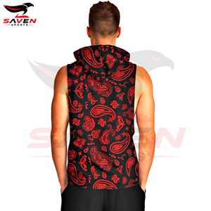 Black Red Outer Wear With Customized Logo Printed Breathable Soft Touch Material Unique Design Fitness Gym <b>Sleeveless</b> Hoodies - Product Image 3
