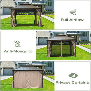 Gazebo in Alluminio con Tetto Rigido 10' X 12', Tetto Doppio in Acciaio Zincato, Tenda e Rete, Pergola Permanente - Product Image 5