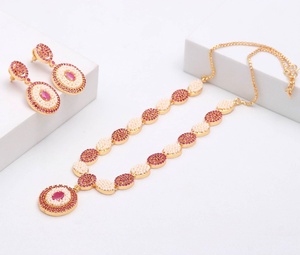 Pearl Necklace and <b>Earrings</b> Set Ruby 22K Gold Plated Brass Traditional Indian Handmade Jewelry Wholesale Factory - Product Image 1