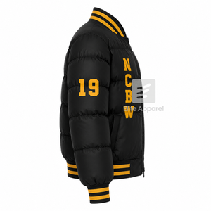 Custom NCBW Coalition Puffer jacket embroidered logo on front <b>black</b> and gold color full sleeve jacket for female - Product Image 4