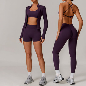 Wholesale Custom Logo Women 3 Piece Set Cross Back Bra Zip up <b>Jacket</b> Scrunch Butt Pants <b>Yoga</b> Fitness Seamless 3 Pcs Set - Product Image 2