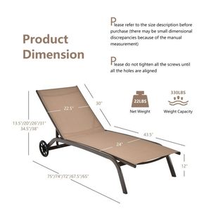 Adjustable 6 Position <b>Outdoor</b> Chaise <b>Recliner</b> with Wheels for Sun Lounging - Product Image 4