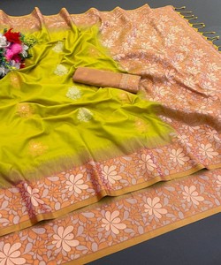 ผ้าไหมสีม่วงลายดอกไม้สีชมพู  ชุดส่าหรีแบบดั้งเดิมสำหรับงานแต่งงานอินเดีย  ชุดสำหรับผู้หญิง  ความยาวระดับพื้น  ทรงปกติ  แห้งเร็ว  SHUBH- - Product Image 2