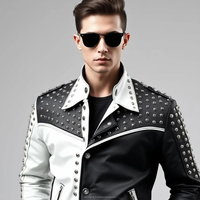 Noir Blanc Clouté Moto Manteau Designer Vestes Argent Rockstar Punk Biker Style Veste En Cuir Véritable pour Hommes Streetwear