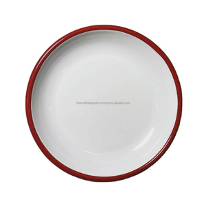 Assiettes en émail métallique avec bord rouge Pantone, tailles personnalisées, assiettes à snacks et desserts réutilisables, assiettes et plats de qualité supérieure, adaptés à l'utilisation en café. - Product Image 1