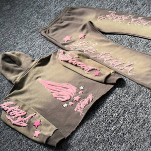 ชุดวอร์มลำลองสไตล์ Y2K สำหรับผู้ชาย เสื้อฮู้ดผ้าฝ้าย 100% สีชมพู แต่งตัวอักษรกลิตเตอร์ลายดาว กางเกงขายาวทรงหลวม ใส่ได้ในฤดูหนาว - Product Image 3