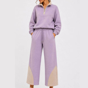 Ensemble de survêtement sportif 2 pièces pour femme, bleu, hiver, streetwear, manches longues, polaire, tricoté, polyester/coton, jogging, capuche, fermeture éclair - Product Image 1