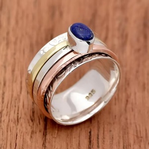 Anillo Giratorio de Plata de Ley 925 con Lapislázuli, Banda Ancha, Dos Tonos, Texturizado, para Meditación, Regalo para Mujer - Product Image 5