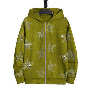 Sweat-shirt à capuche rouge avec fermeture éclair, imprimé étoiles en strass, coupe classique, unisexe, décontracté, veste en polaire respirante, vêtements d'automne - Product Image 4