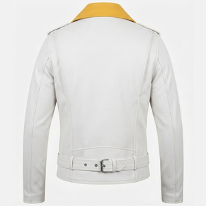 Blouson de motard en cuir PU pour homme, personnalisé, blanc et jaune contrasté, col à revers, ceinturé, coupe ajustée, vêtement d'extérieur d'automne - Product Image 2