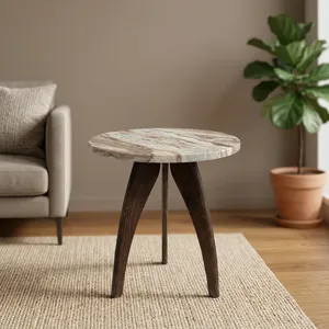 Modern <b>Round</b> Marble Top <b>Side</b> <b>Table</b> With Wooden Legs Handmade Living Room Furniture - Product Image 1