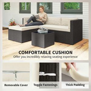 Set da conversazione per patio in vimini beige con tavolo con piano in vetro e cuscini (3 pezzi) - Product Image 5