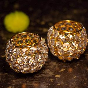Ensemble de 2 porte-bougies en cristal doré de luxe, porte-bougies votifs ronds en métal avec perles de cristal taillées en diamant pour mariage - Product Image 3