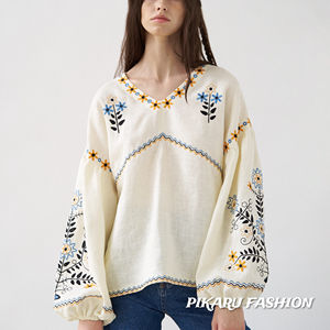 Embroidery Long Puff Sleeve V-Neck Designer Fashion Embroidered <b>Top</b> Trendy Explosive Dress Ukraine Blouse - Product Image 1