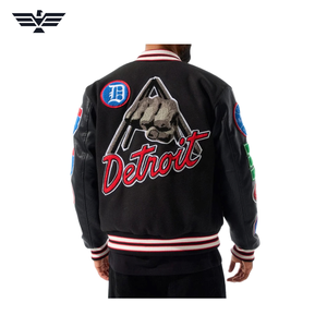 Blouson universitaire homme noir en cuir PU écologique avec patch brodé, color block, à bouton unique, style baseball, hiver - Product Image 5