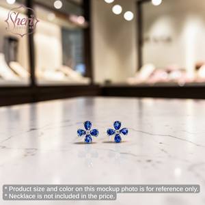 Boucles d'oreilles clous en or blanc massif 18 carats pour femme Sheri Jewels, avec diamants et saphirs en forme de quatre feuilles et de poire, cadeau d'anniversaire - Product Image 3
