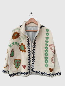 Chaqueta de Forro Polar de Algodón Bordada a Mano, Manga Larga, Cuello Alto, Estampado Floral, Talla Grande, Abrigo de Otoño para Mujer - Product Image 1