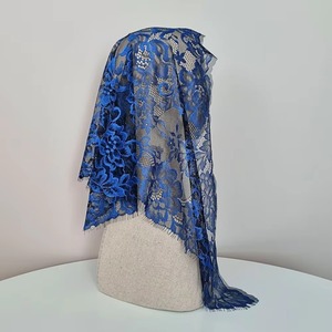 Catholic Royal Blue French <b>Lace</b> Mantilla Veil for Women Embroidered Warp Knit Floral Design <b>Elastic</b> 110cm Width Gift Korea - Product Image 2