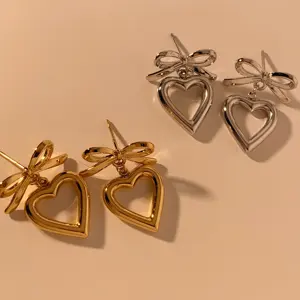 2024 Wholesale Jewelry Bow Knot Earrings Stainless Steel Gold Plated Jewelry Heart Bow Stud Earrings For Women