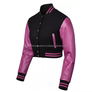 <b>Women's</b> <b>Black</b> Pink <b>Wool</b> Windproof Crew Neck Cropped Full Sleeve Varsity <b>Jacket</b> with Silk Lining for Autumn Winter - Product Image 3